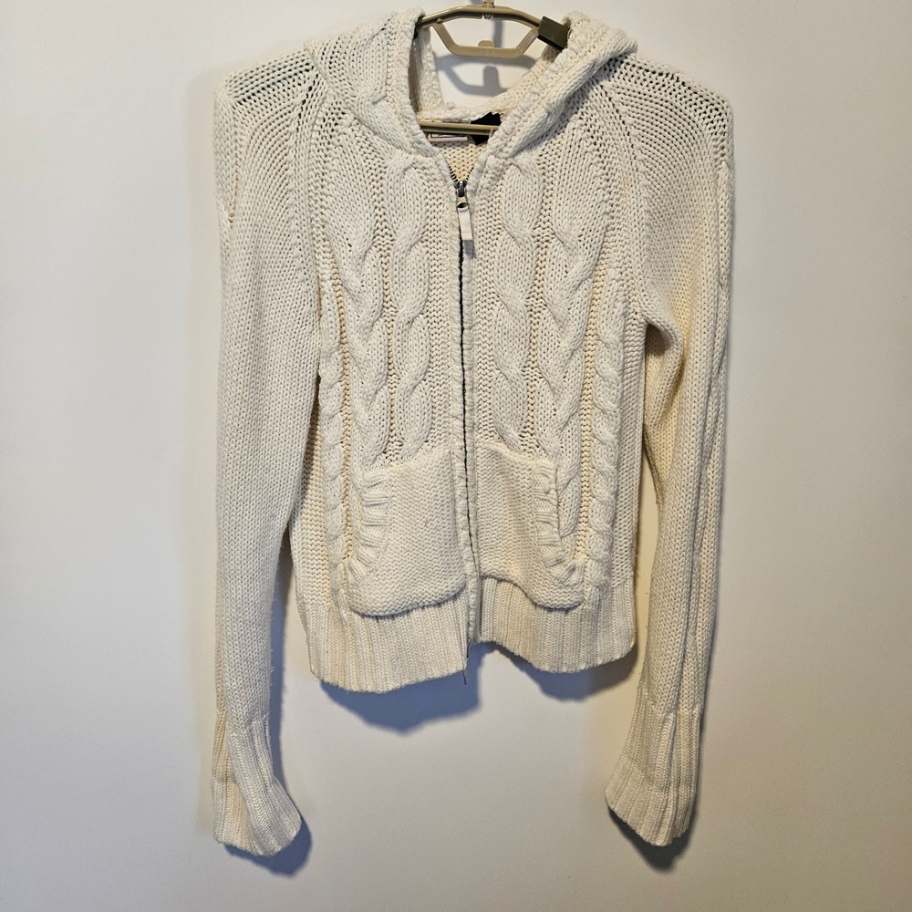 White Cable Knit Full Zip Hooded Sweater Womens Large Chunky Fisherman Cozy Fall